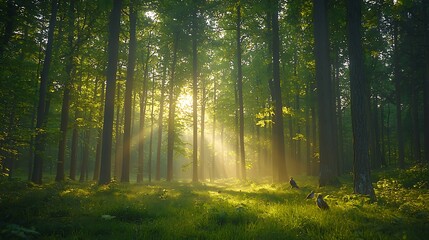 Obraz premium Sunlight streams through trees illuminating forest floor with birds foraging in vibrant green landscape