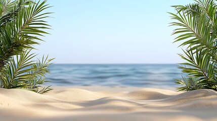 Fototapeta premium Beach scene, tropical leaves, ocean background, digital art, for product display
