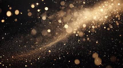 Obraz premium Abstract golden dust and light particles sparkle against a dark background, creating a dreamy and ethereal effect, suggesting luxury and festive celebration.