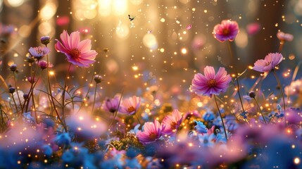 Magical sunset cosmos field, fairy lights, forest background, fantasy illustration
