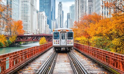 Fototapeta premium Chicago elevated train crossing river bridge amidst autumn foliage, urban commute