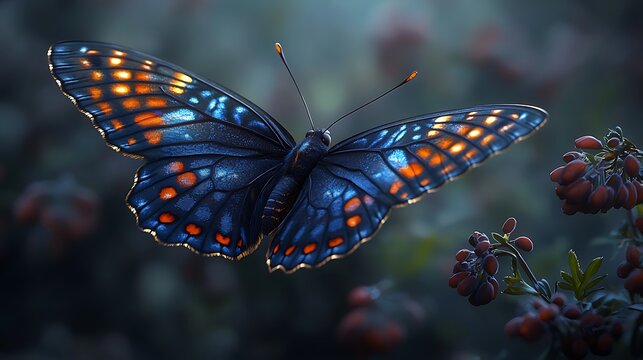 Blue butterfly in flight, garden bokeh background, nature, serenity, stock photo.