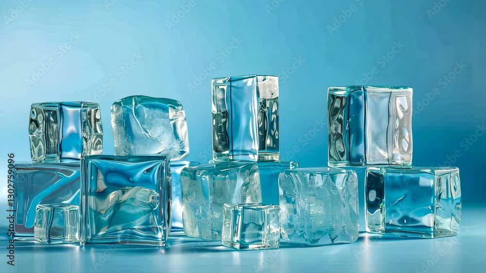 Poster image of abstract background of transparent glass blocks in different shapes on blue