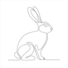 Illustration of hare drawn with single line that sits quietly on white background. Easter bunny in artline style. Rabbit in minimalist style as design element. Forest animal.