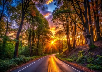 Fototapeta premium Silhouetted Road Winding Through Canterbury Woods at Sunset