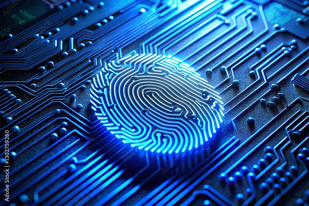Poster silhouette fingerprint sensor on circuit board with blue light - high-tech security concept