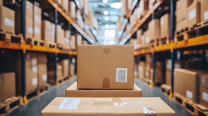 Warehouse Storage: Packed cardboard boxes stacked on shelves create an efficient system for organizing and managing inventory within a distribution center.