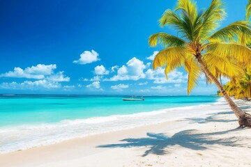 Obraz premium Palm trees on the caribbean tropical beach. Saona Island, Dominican Republic. Vacation travel background