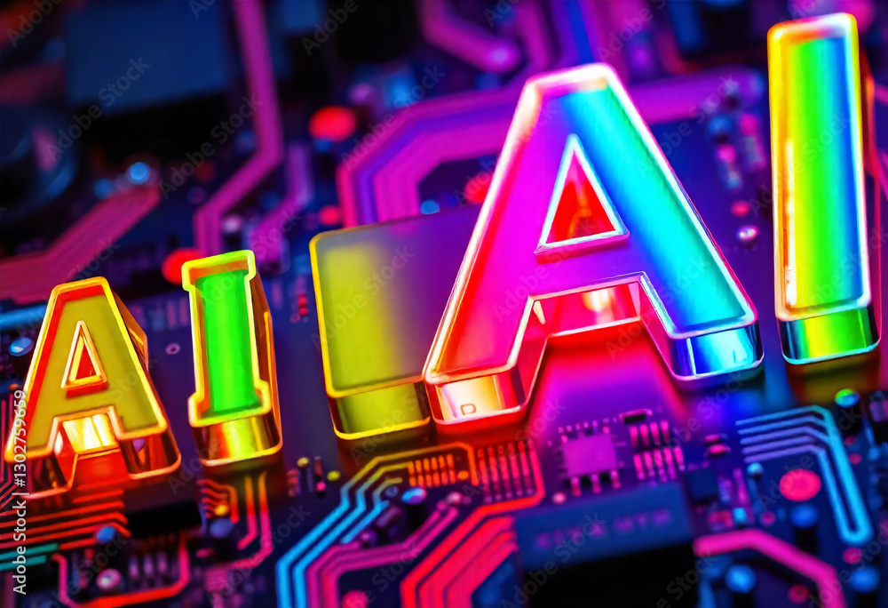 Poster colorful ai letters on circuit board with bokeh lights symbolizing artificial intelligence and techn