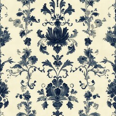 Navy Blue and Cream Damask Floral Pattern Seamless Texture