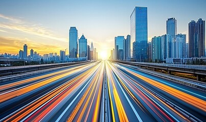 Obraz premium City highway traffic streaks at sunset with modern skyscrapers