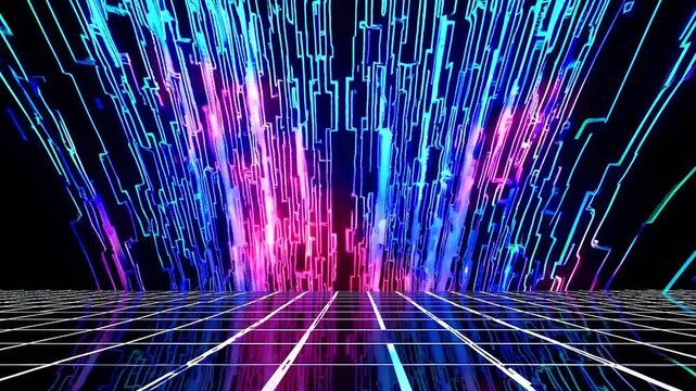 A futuristic digital landscape with flowing binary code in vibrant blue and pink hues. The scene conveys a sense of technology and data movement, with glowing lines and a reflective surface