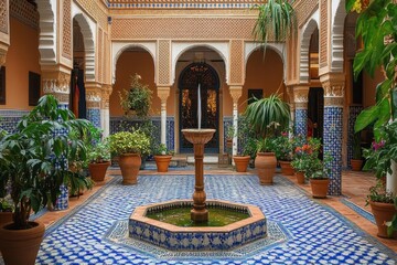 Moorish courtyard with fountain, plants, and intricate tilework.