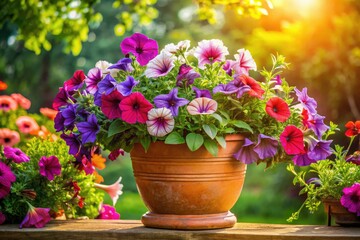 A rustic pot overflows with colorful petunias and surfinias, capturing summer's essence.