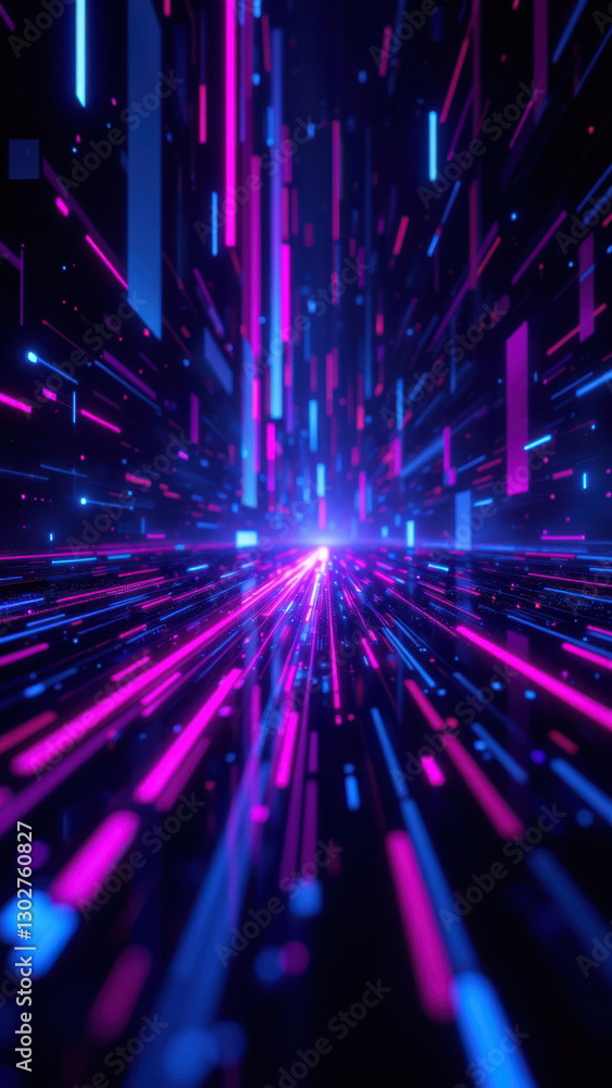 Poster dynamic digital art illustrating a journey through technology with vibrant abstract shapes represent