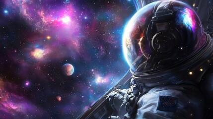 Astronaut gazing at vibrant nebula and planets from spaceship window.
