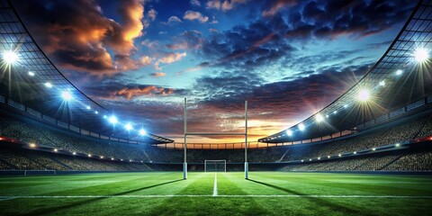 Silhouette of Football Stadium at Night, Illuminated Goalposts, Ready for Game