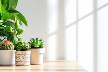 Fototapeta premium Potted plants sunlight on wooden table