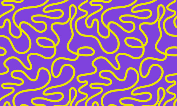 Abstract seamless pattern with yellow geometric tangled lines on purple background. Vector scribble curve line pattern.