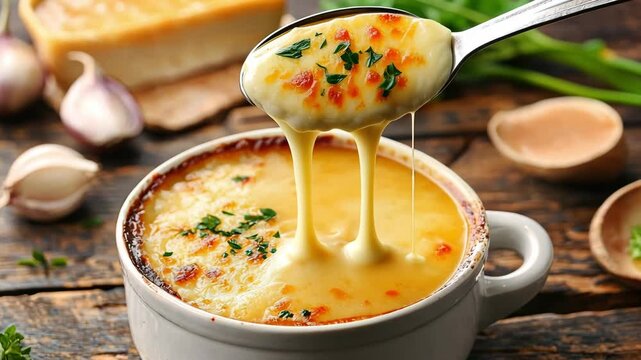 Creamy Garlic Cheese Dish in Bowl Melted Comfort Food with Golden Crust and Fresh Herbs for Delicious Meal Experience
