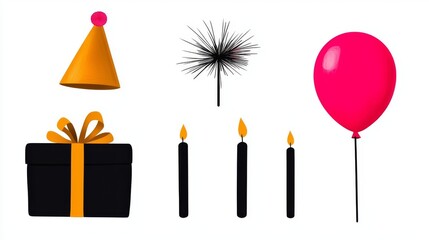 Colorful Birthday Elements: Party Hat, Gift Box, Candles, Balloon, and Firework on White Background