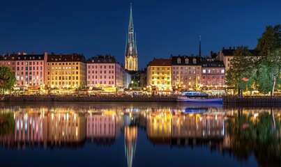Fototapeta premium City waterfront with illuminated buildings, church spire, and reflections at night
