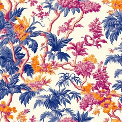 Vibrant Tropical Floral Pattern in Blue Purple and Orange Hues on Cream Background