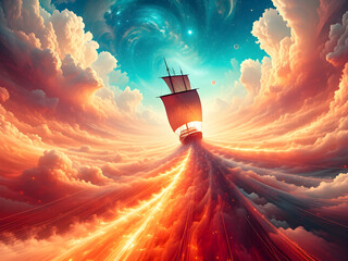 Digital art. Sailing the Cosmic Winds: A Celestial Ship Navigating a Tempest of Red and Orange Light.