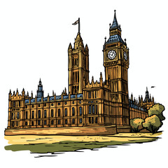 Vector comic hand-drawn illustration of Palace of Westminster. Palace of Westminster in London