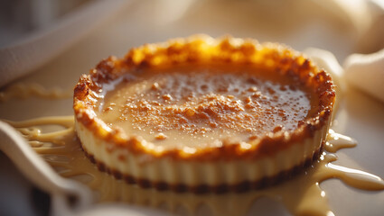 Close-up of a creamy caramelized cr&egrave;me br&ucirc;l&eacute;e with a crispy golden-brown top. A perfect gourmet dessert shot, showcasing rich textures and indulgent flavors