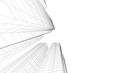 Fototapeta premium Abstract Architectural Wireframe of Modern Skyscrapers - 3D Perspective View