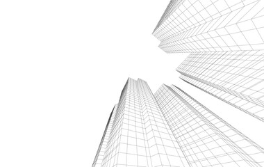 Fototapeta premium Abstract Architectural Wireframe of Modern Skyscrapers - 3D Perspective View