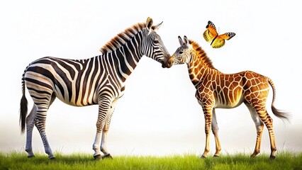 Fototapeta premium Silhouette of Zebra, Giraffe, and Butterfly on White Background - African Wildlife Candid Photography