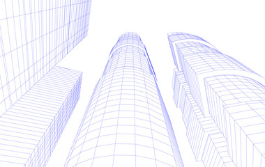 Fototapeta premium Abstract Architectural Wireframe of Modern Skyscrapers - 3D Perspective View
