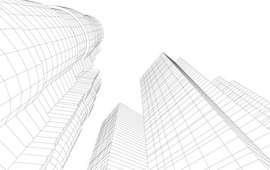 Abstract Architectural Wireframe of Modern Skyscrapers - 3D Perspective View