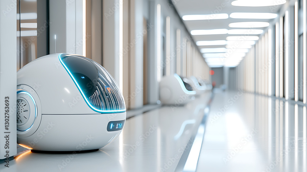 Poster autonomous delivery robots navigating a futuristic office corridor high-tech environment perspective