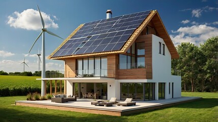 Green energy-efficient house with a wind turbine, solar panels, and a rainwater collection system