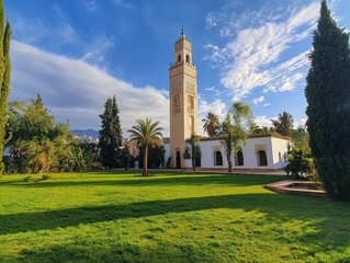 Obraz premium Mosque courtyard with minaret, green lawn, palm trees, and blue sky.