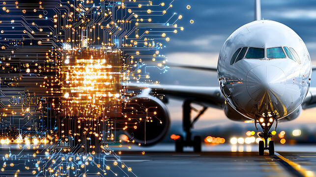 Innovative air travel technology airport runway digital art futuristic wide angle connectivity and progress