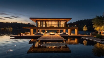 Luxury lakeside villa with a floating wooden deck, fire pit, and elegant night lighting