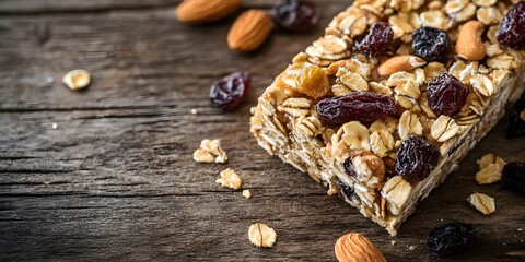 Healthy Granola Bar With Nuts And Dried Fruits On Wooden Background