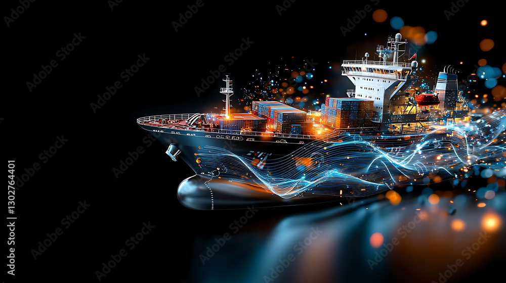 Poster dynamic container ship navigating through modern port digital art nighttime high-tech atmosphere