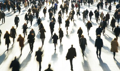 Crowd walking on city street, motion blur, shadows, urban commute, pedestrian traffic