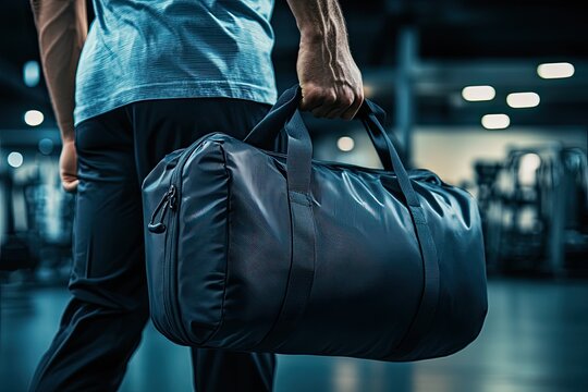 Gym-goer carrying duffel bag in fitness center