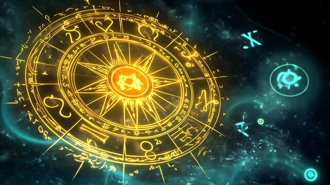 Mysterious celestial symbols illuminate an ancient astrological chart under a starry night sky