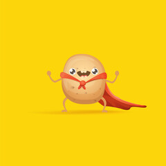 Cartoon potato clip art. vector funny cartoon cute super hero potato with red hero cape isolated on yellow background. Superhero vegetable potato kawaii food funky character