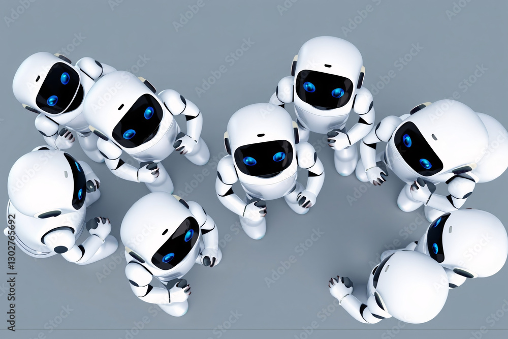 Poster group of futuristic robots with blue eyes in a high-tech environment symbolizing advanced robotics a