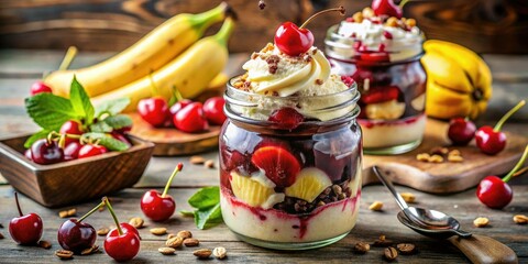 Naklejka premium Dairy-free delight! This vegan banana split ice cream sundae jar recipe is quick, easy and delicious.