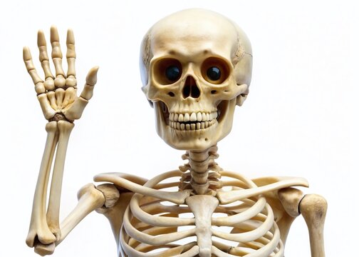 Smiling Skeleton Waving Hello - Isolated White Background Stock Photo