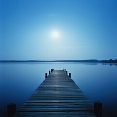 Obraz premium A peaceful wooden pier extending into a calm lake, glowing softly under the moonlight ar 16:9 v 6.1 q 2